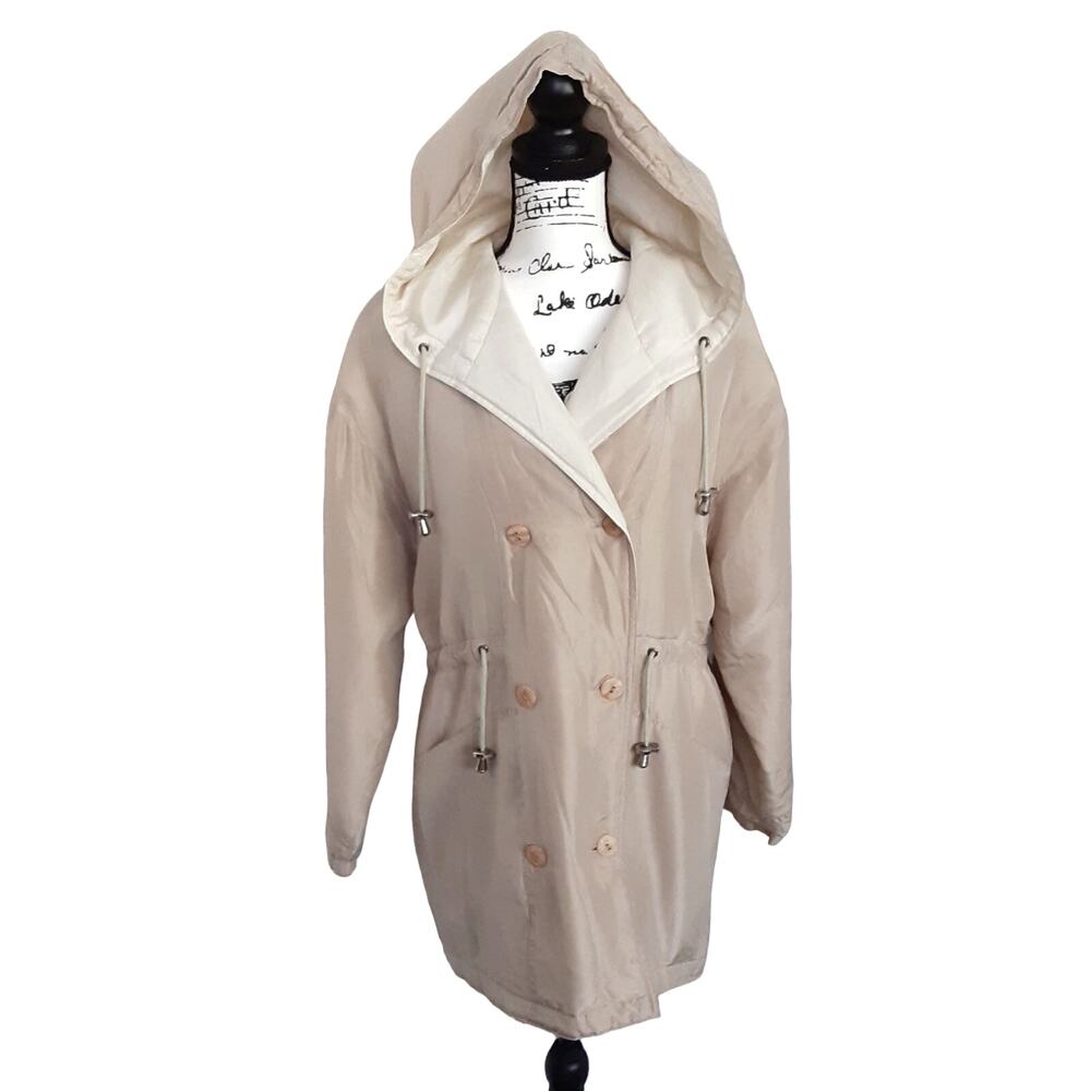 Vintage 80s 100% Silk Sand Tan Puffer Jacket Rain Slicker Style S Quiet Luxury